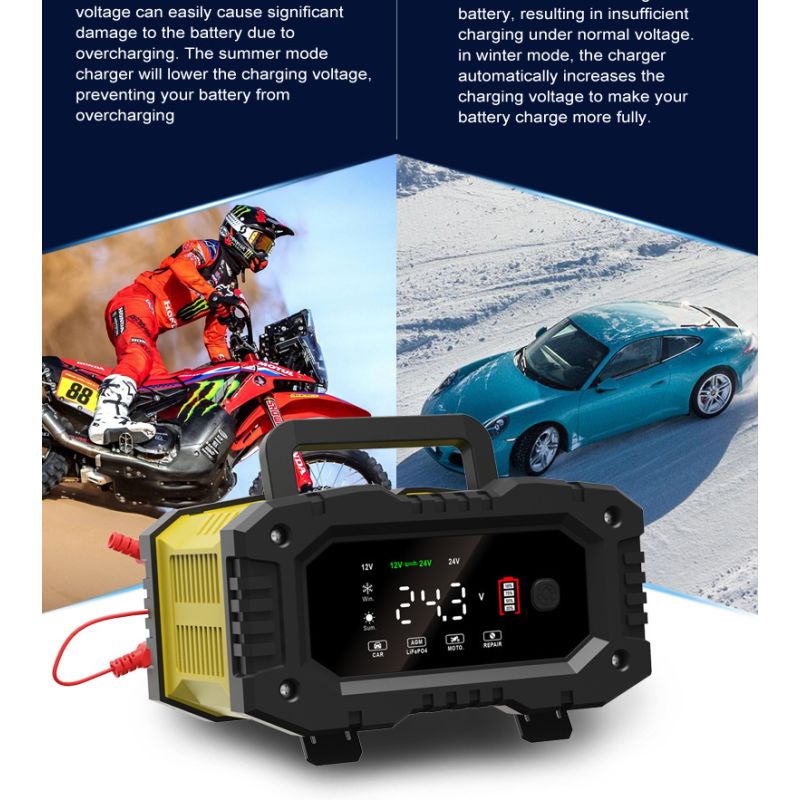 FOXSUR Bærbar bilbatterilader med mikroprosessorkontroll for 12V 24V AGM LiFePO4 Blysyrebatterier Motorsykkelbatteri