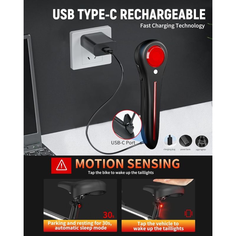 Smart USB-C Sykkelbaklykt – Superlys LED baklys for vei & terreng. Vanntett & lang batterilevetid!