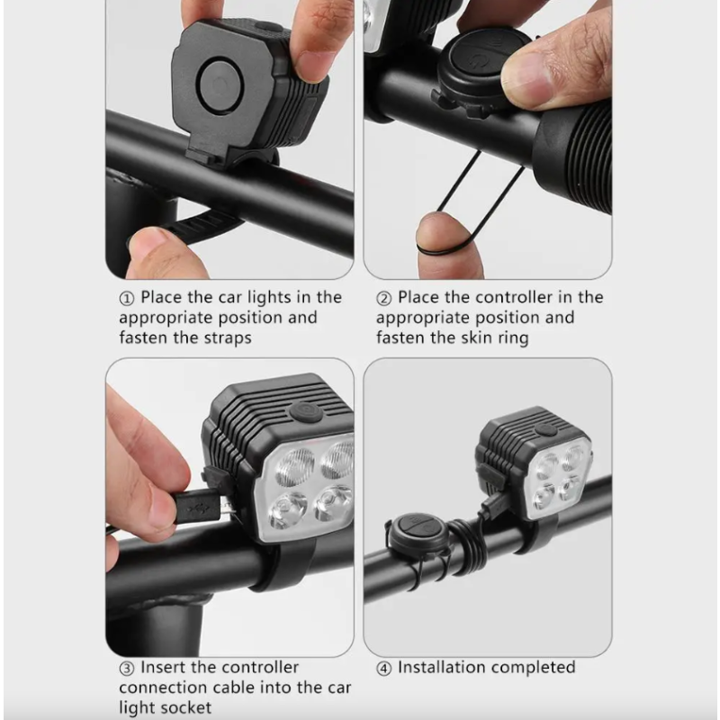 Sykkellykt & Sykkelhorn 2-i-1: USB Oppladbar MTB Frontlys, Fjern-/Nærlys & Trådstyrt Sykkelklokke for Sikkerhet