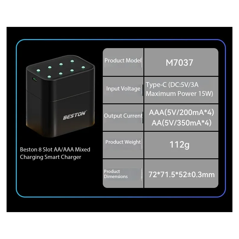 Beston Smart Batterilader 8 spor | Rask Lading for 1.5V AA Litiumbatterier 3600mWh | Batterisett