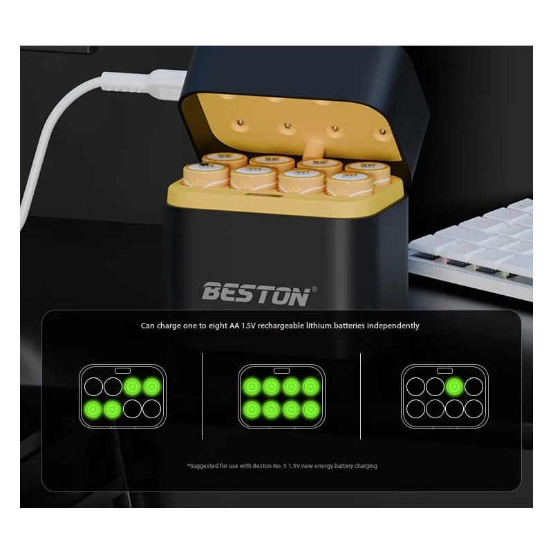 Beston Smart Batterilader 8 spor | Rask Lading for 1.5V AA Litiumbatterier 3600mWh | Batterisett
