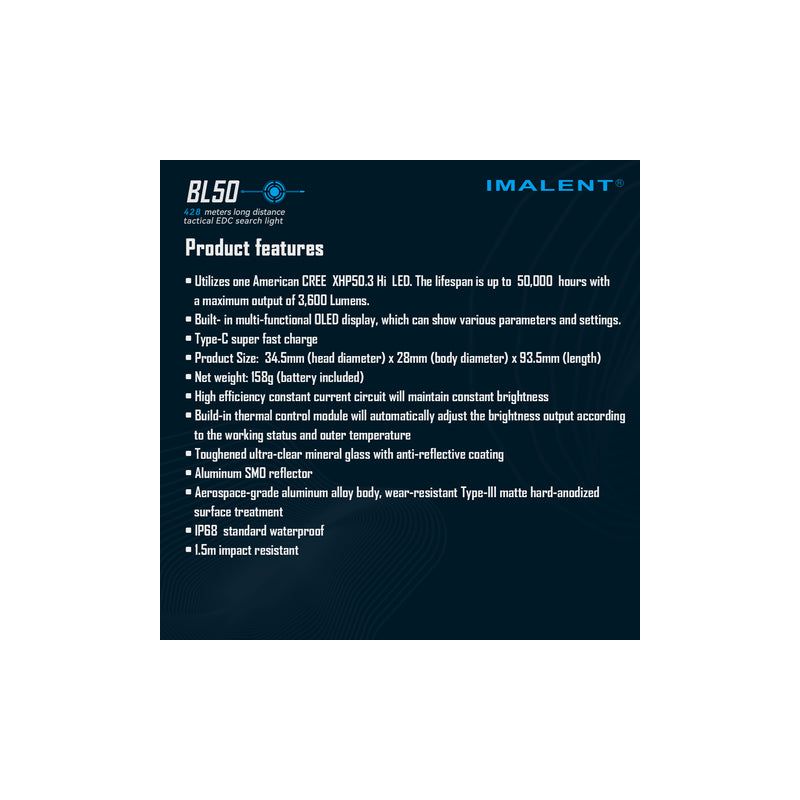 Imalent BL50 3600 Lumen LED lommelykt Type-C oppladbar bærbar belysning for utendørs opplevelser  OLED-skjerm