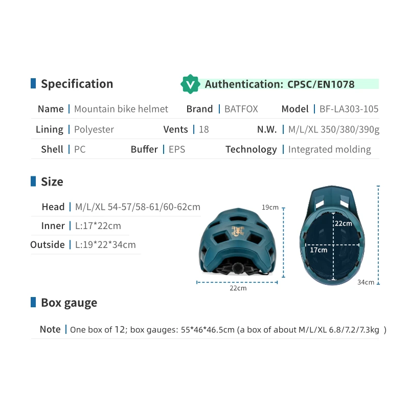 BATFOX Sykkelhjelm Terrengsykkelhjelm for menn kvinner In-Mold Teknologi Lett og Justerbar Størrelse