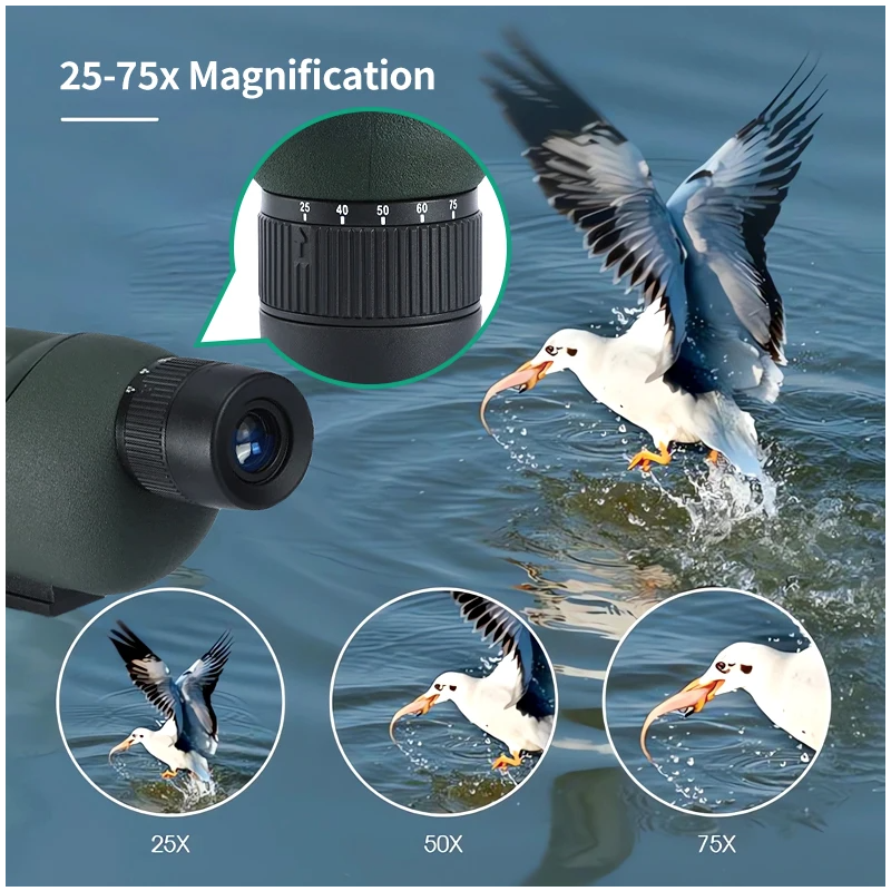 25-75x60 ED Spottingscope Fuglekikkert for Naturfotografering & Camping – Vanntett Monokulær Teleskop BAK4