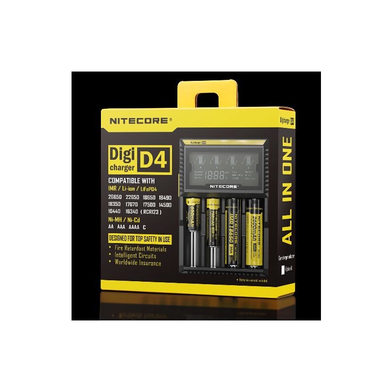Nitecore D4 Digicharger batterilader med LCD skjerm Li-Ion 18650 Ni-MH sikkerhet og effektivitet retur mulig