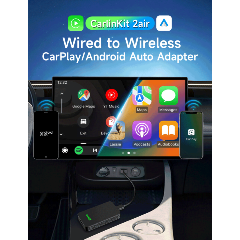 CarlinKit 2air 5.0 CarPlay Android Auto Trådløs Adapter Sømløs Integrasjon for Kabelfri Kjøring i Bil
