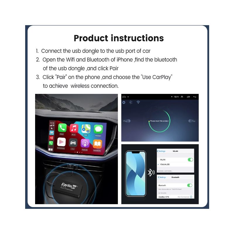 CarlinKit USB CarPlay Dongle Trådløs CarPlay enkel installasjon 5G prosessor smarttelefon integrasjon