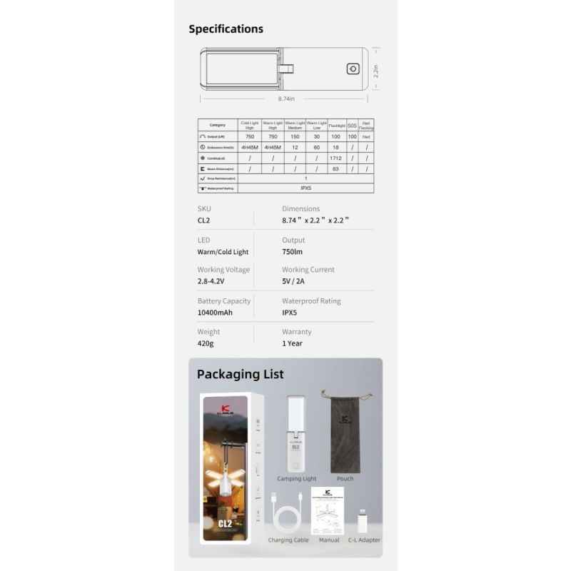 Klarus CL2 750 lumen frifellbar campinglys med øyepleie og 7 lysmoduser ideell for innendørs og utendørs belysning