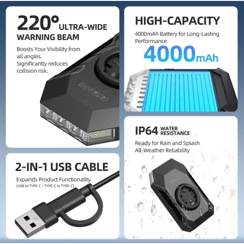CYCLAMI CL350 Sykkellykt - 4000mAh, Type-C lading, Nattkjøring Sikkerhet