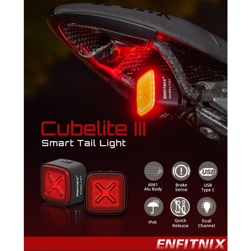 Enfitnix Cubelite III Smart baklys 30 lumen sykkelsikkerhet USB lading oppladbart lang batteritid synlighet