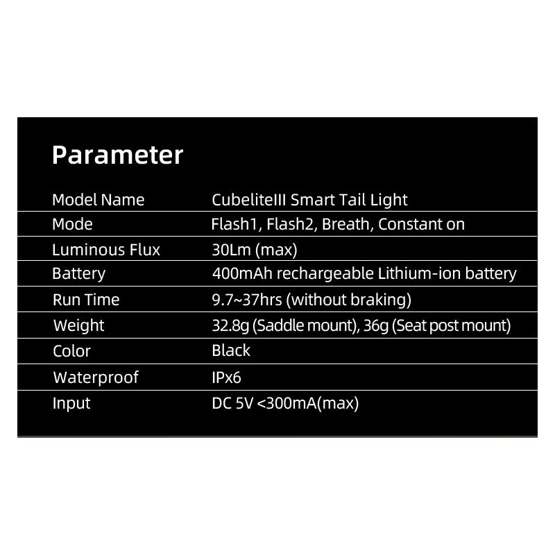 Enfitnix Cubelite III Smart baklys 30 lumen sykkelsikkerhet USB lading oppladbart lang batteritid synlighet