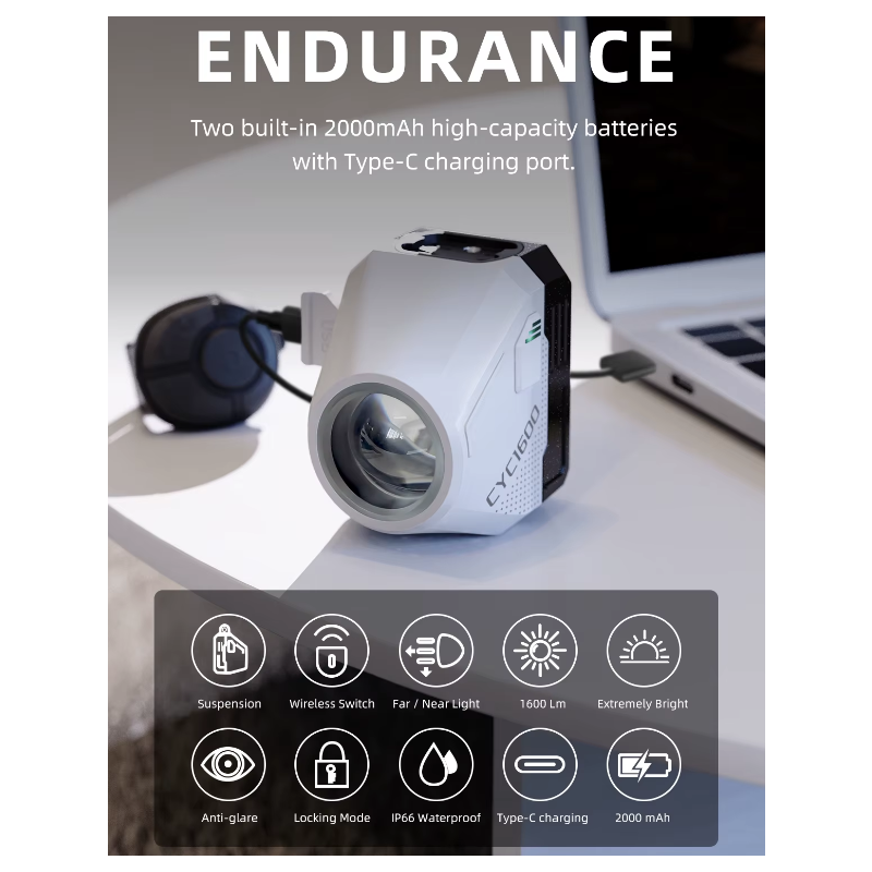 Hengende Cut-off Kabel Sykkel Frontlys 1600LM med Trådløs Fjernkontroll og Høy Lysstyrke for Sykkelsikkerhet