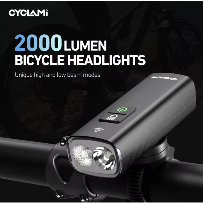 CYCLAMI BR2000 Sykkellykt 2000 Lumen | Type-C Frontlykt for MTB & Landeveissykkel | Høy Sikkerhet