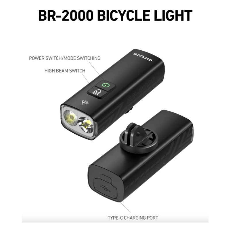 CYCLAMI BR2000 Sykkellykt 2000 Lumen | Type-C Frontlykt for MTB & Landeveissykkel | Høy Sikkerhet