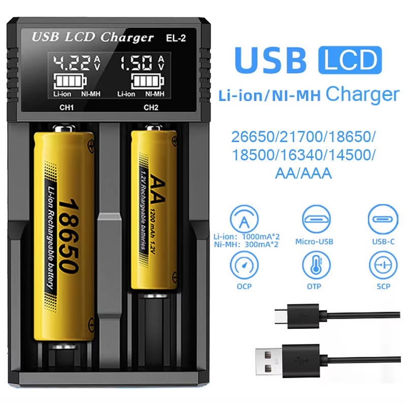 Smart batterilader med LCD-skjerm USB enhet for 18650 litium 37V og AA AAA batterier allsidig og effektiv