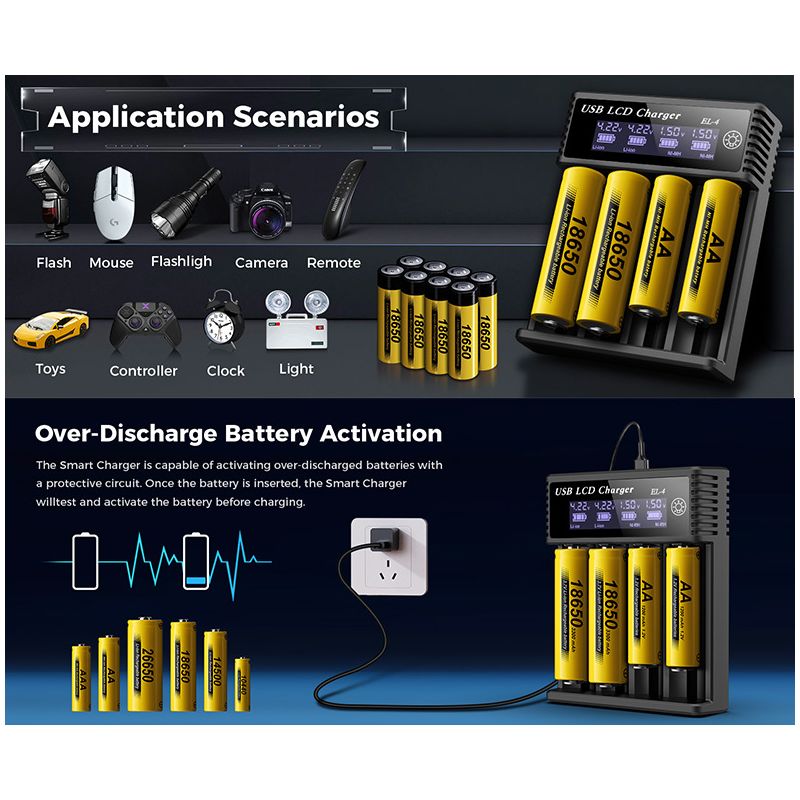 Smart batterilader med LCD-skjerm USB enhet for 18650 litium 37V og AA AAA batterier allsidig og effektiv