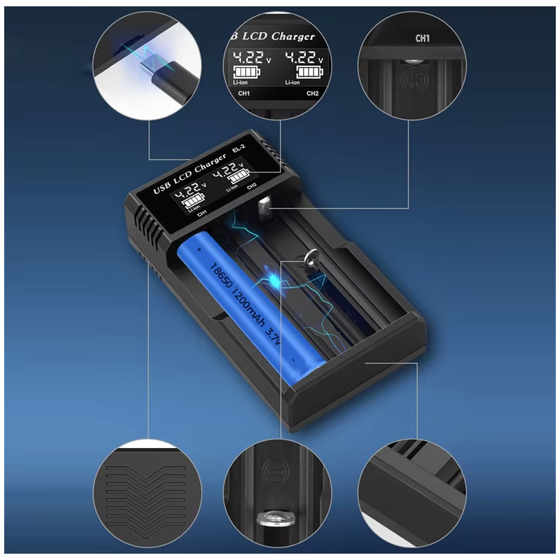 Smart batterilader med LCD-skjerm USB enhet for 18650 litium 37V og AA AAA batterier allsidig og effektiv