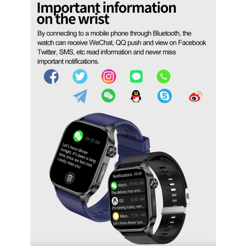 E580 Smartklokke: Blodsukker, EKG, Puls, Blodtrykk. IP68 Vanntett, 2.04