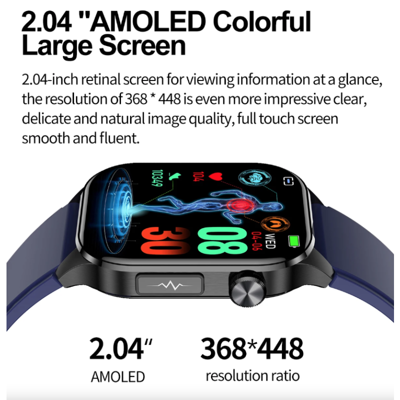 E580 Smartklokke: Blodsukker, EKG, Puls, Blodtrykk. IP68 Vanntett, 2.04