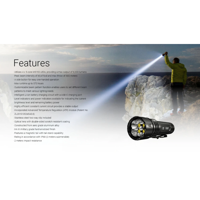 Nitecore EX7 Lommelykt 6000 Lumen - USB-C Oppladbar Kraftig Lys for Friluftsliv & Søk/Redning