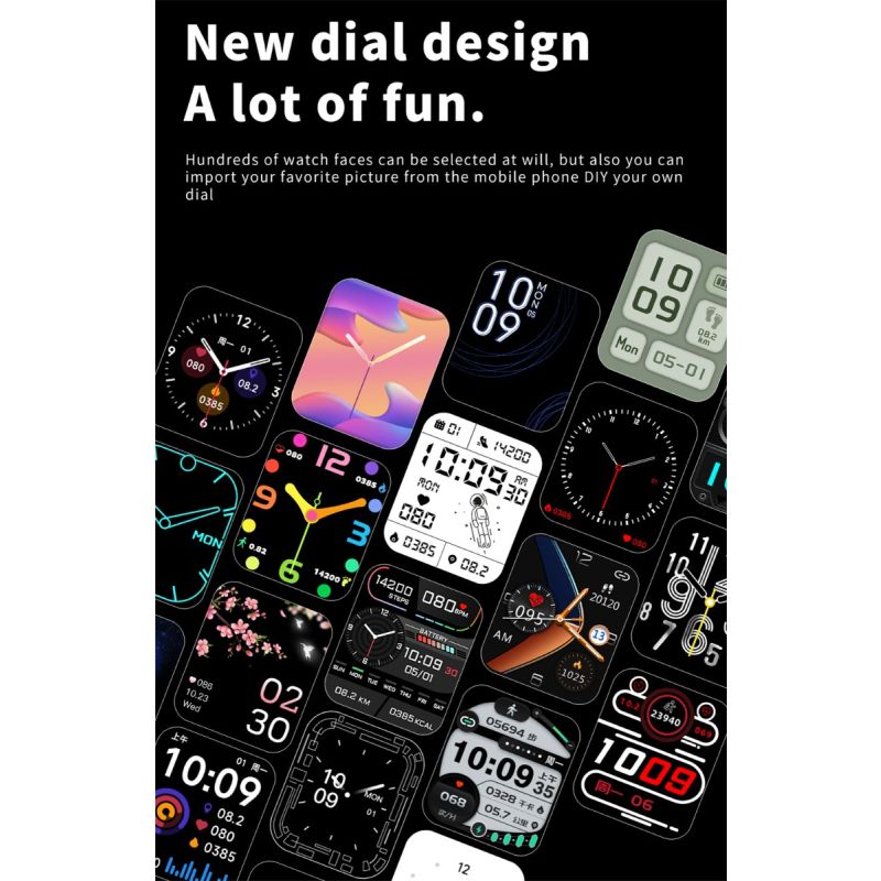 F57L Smartklokke for Helseovervåkning: Blodsukkerklokke, Blodtrykksmåler, Pulsmåler. Sportsklokke iOS/Android.