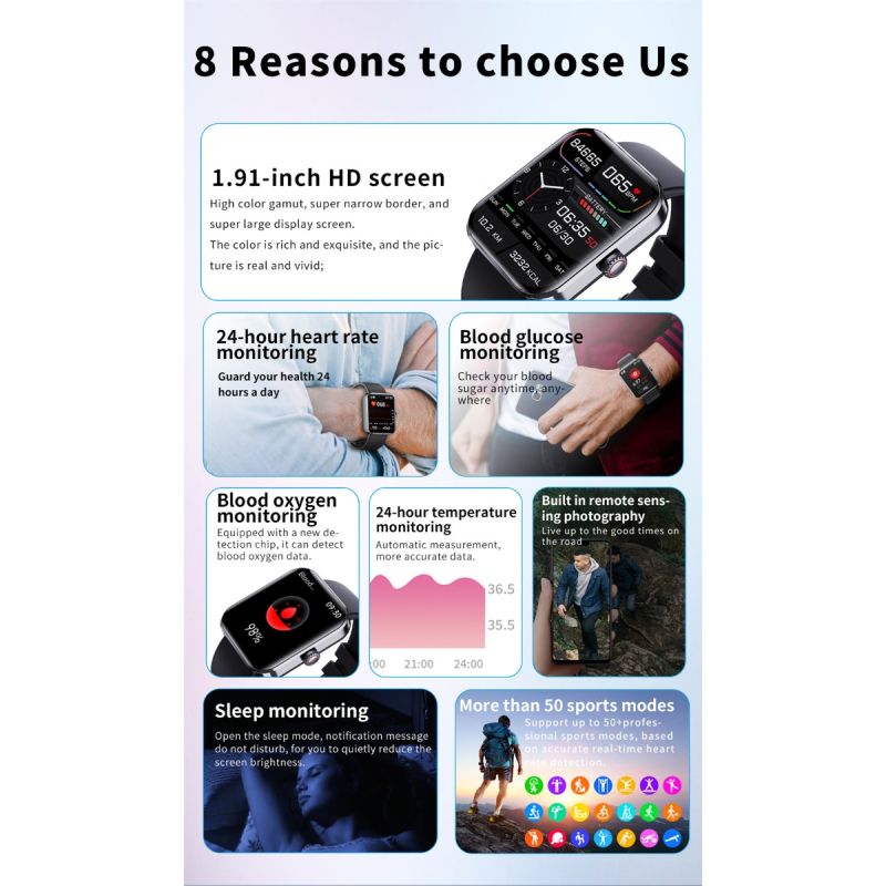 F57L Smartklokke for Helseovervåkning: Blodsukkerklokke, Blodtrykksmåler, Pulsmåler. Sportsklokke iOS/Android.