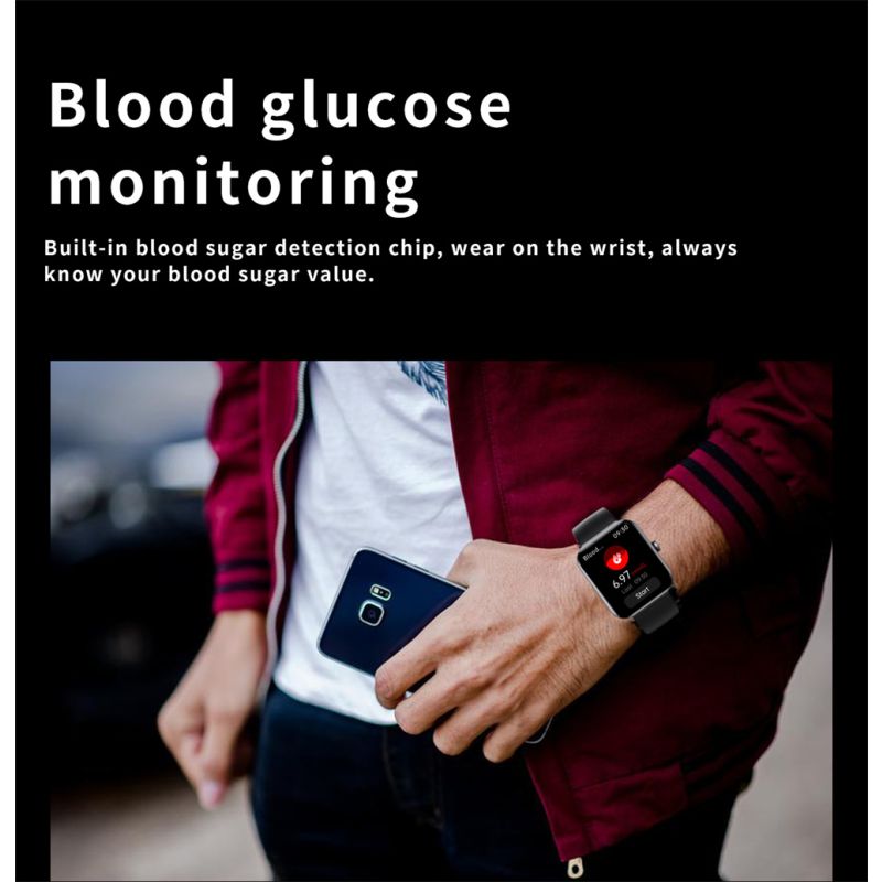 F57L Smartklokke for Helseovervåkning: Blodsukkerklokke, Blodtrykksmåler, Pulsmåler. Sportsklokke iOS/Android.