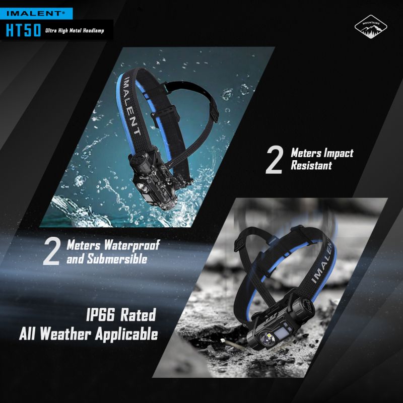 IMALENT HT50 LED-hodelykt med to lyskilder og 3000 lumen kraftig og vanntett for utendørs eventyr