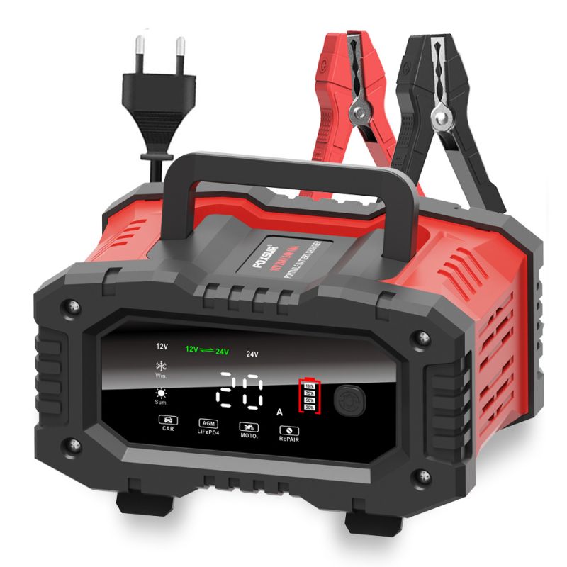 FOXSUR 20A bærbar bilbatterilader 12V-24V AGM LiFePO4 blysyre 7-trinns lading pålitelig ytelse batterilevetid