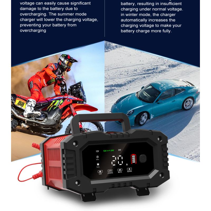 FOXSUR 20A bærbar bilbatterilader 12V-24V AGM LiFePO4 blysyre 7-trinns lading pålitelig ytelse batterilevetid