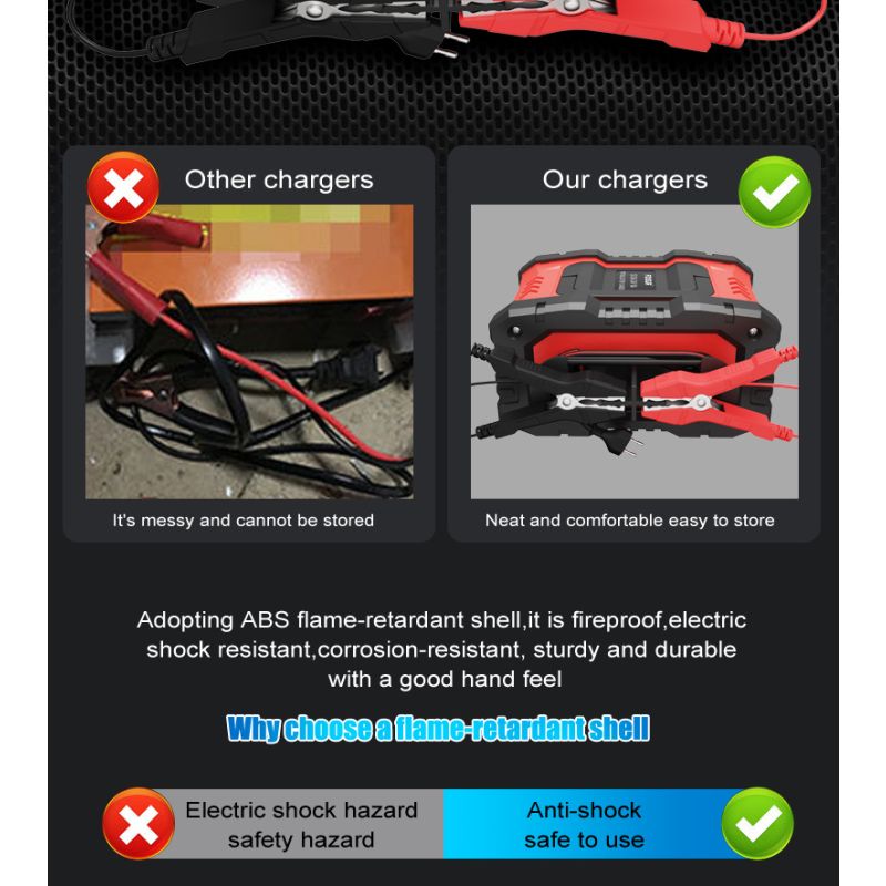 FOXSUR 20A bærbar bilbatterilader 12V-24V AGM LiFePO4 blysyre 7-trinns lading pålitelig ytelse batterilevetid