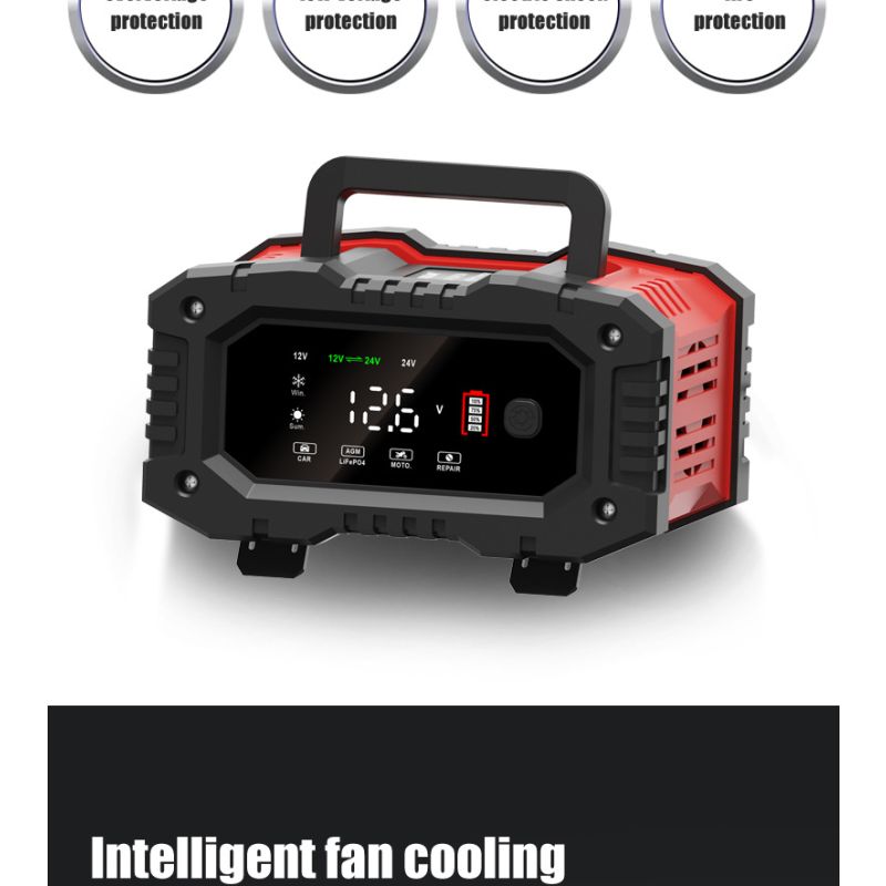 FOXSUR 20A bærbar bilbatterilader 12V-24V AGM LiFePO4 blysyre 7-trinns lading pålitelig ytelse batterilevetid
