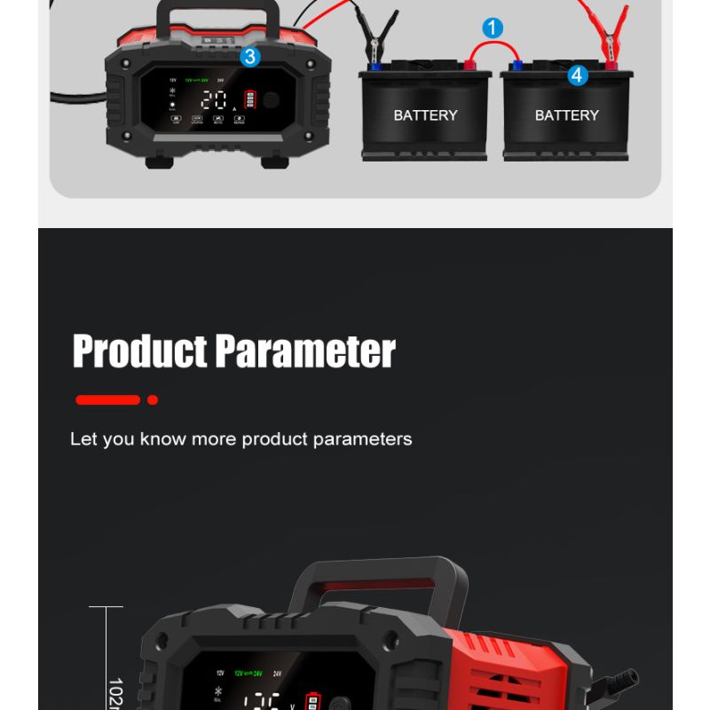FOXSUR 20A bærbar bilbatterilader 12V-24V AGM LiFePO4 blysyre 7-trinns lading pålitelig ytelse batterilevetid