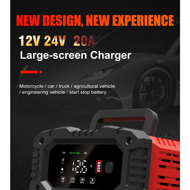 FOXSUR 20A bærbar bilbatterilader 12V-24V AGM LiFePO4 blysyre 7-trinns lading pålitelig ytelse batterilevetid