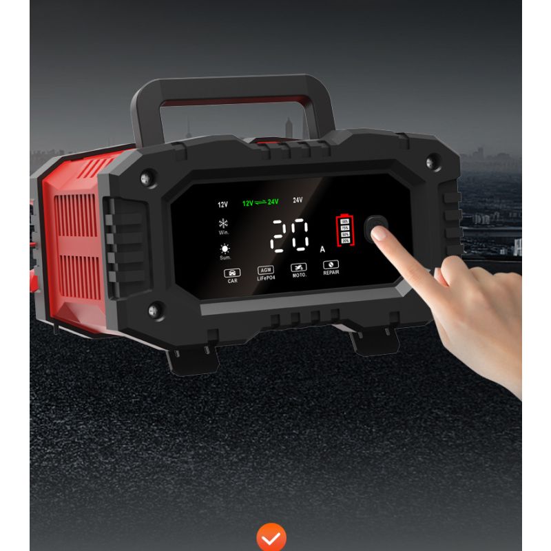 FOXSUR 20A bærbar bilbatterilader 12V-24V AGM LiFePO4 blysyre 7-trinns lading pålitelig ytelse batterilevetid