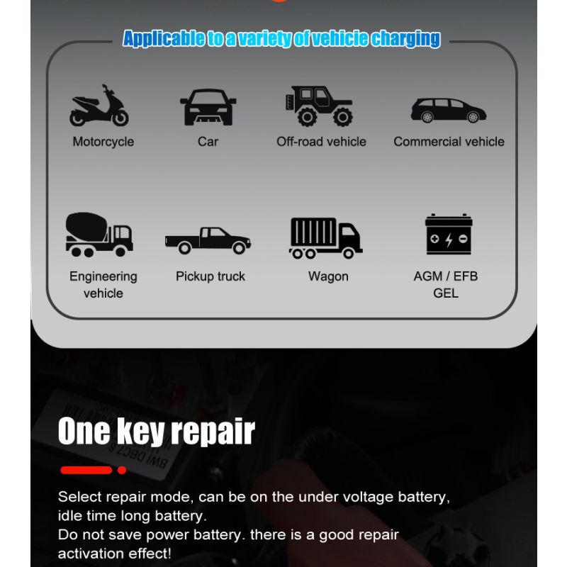 FOXSUR 20A bærbar bilbatterilader 12V-24V AGM LiFePO4 blysyre 7-trinns lading pålitelig ytelse batterilevetid