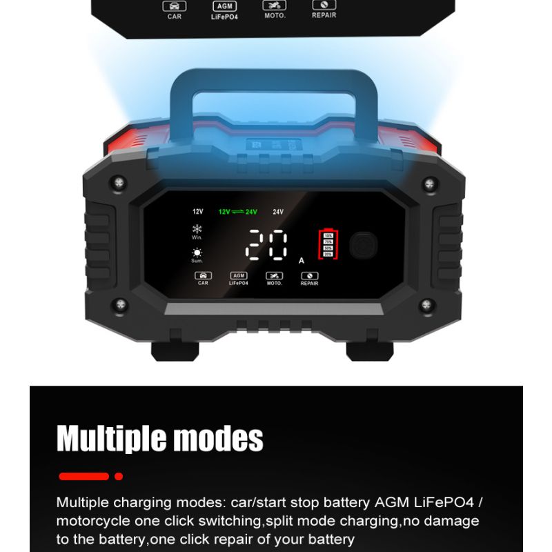 FOXSUR 20A bærbar bilbatterilader 12V-24V AGM LiFePO4 blysyre 7-trinns lading pålitelig ytelse batterilevetid