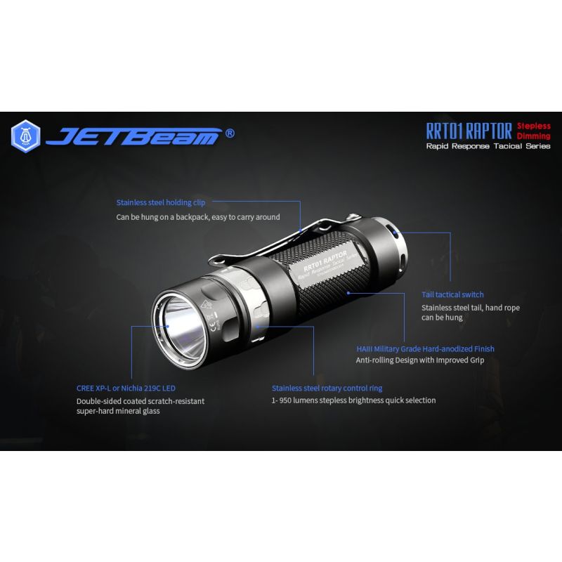 JETBeam JET-RRT01 XP-L EDC lommelykt 950 lumen lyssterk LED belysning lang batterilevetid opptil 80 timer