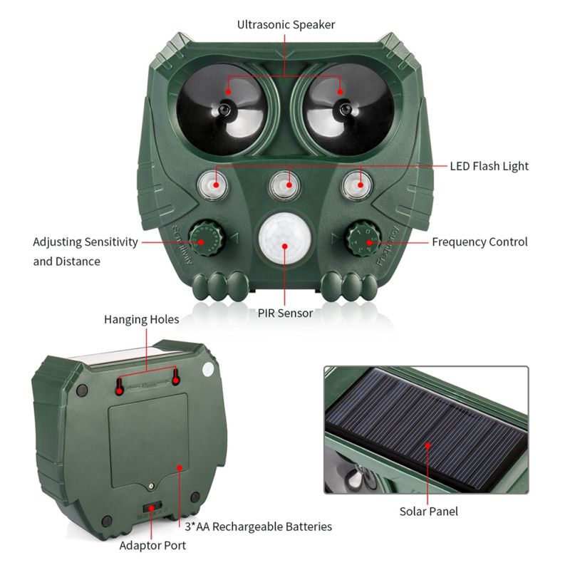 Solcelledrevet ultralyd dyrefjerner for hagesikkerhet IP44 vanntett og øko-vennlig utendørsbeskyttelse