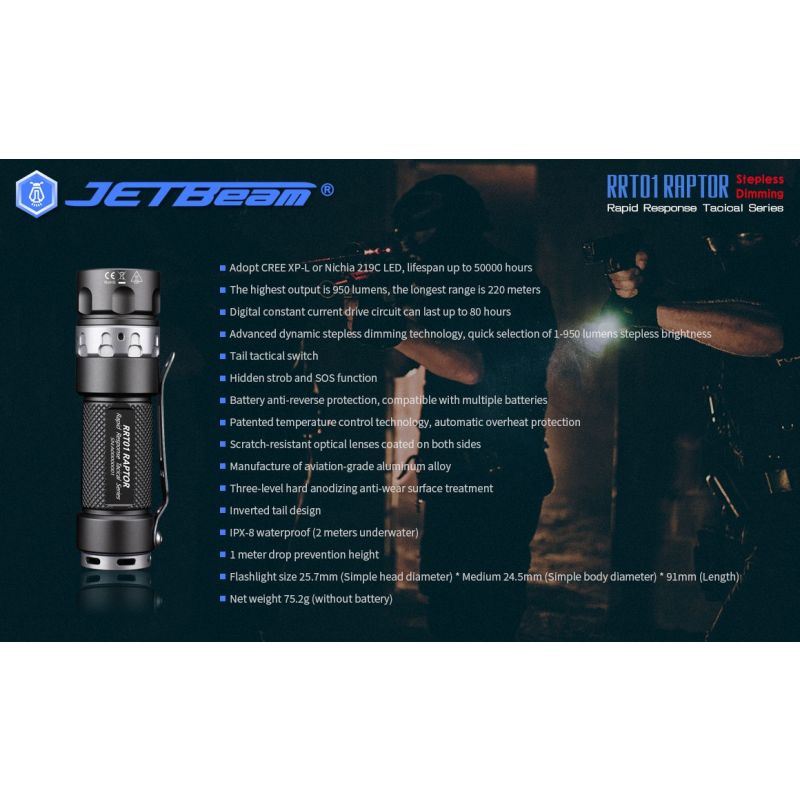 JETBeam JET-RRT01 XP-L EDC lommelykt 950 lumen lyssterk LED belysning lang batterilevetid opptil 80 timer