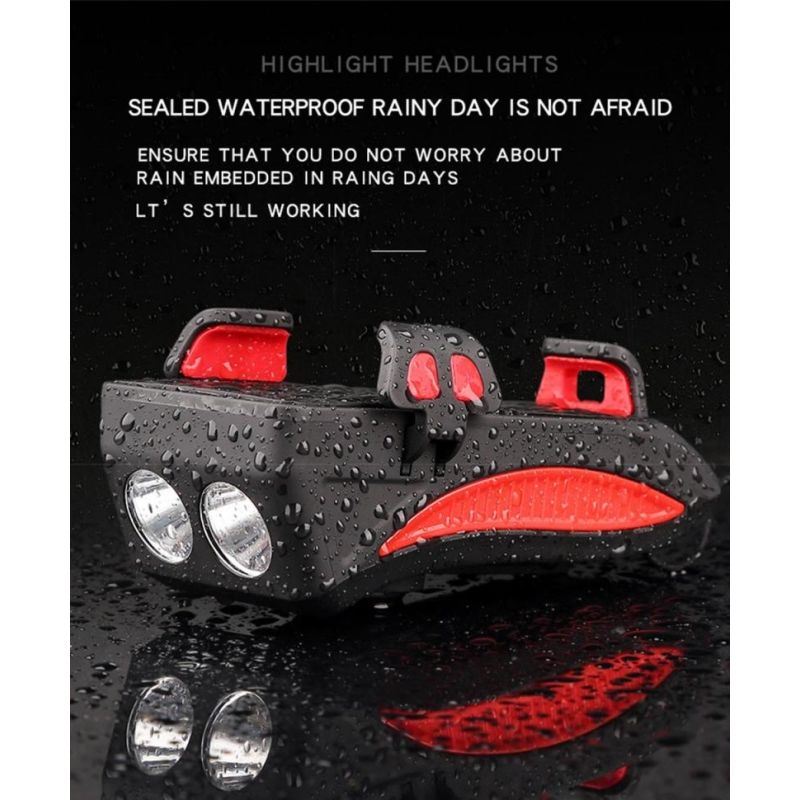 Multifunksjon sykkellys 4 i 1 MTB med høy-decibel sykkelhorn og justerbar mobiltelefonholder  USB oppladbar