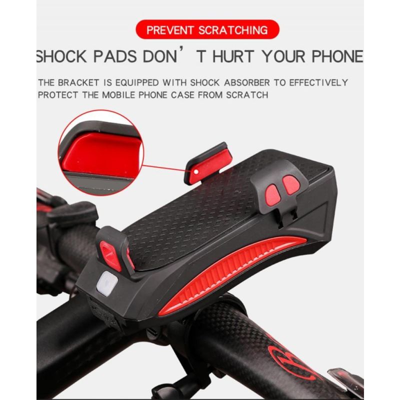 Multifunksjon sykkellys 4 i 1 MTB med høy-decibel sykkelhorn og justerbar mobiltelefonholder  USB oppladbar