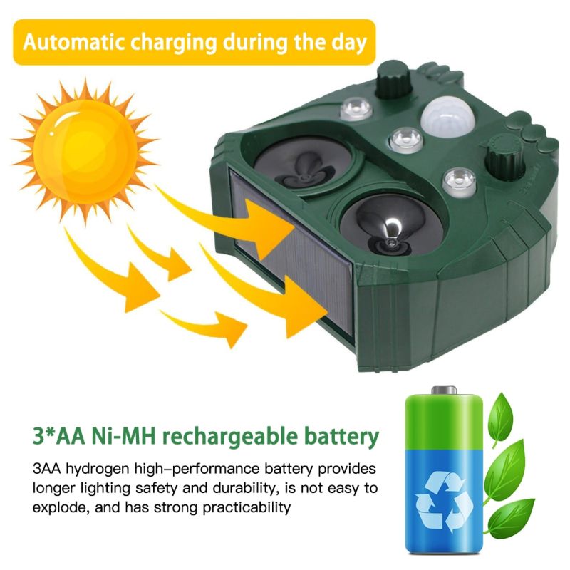 Solcelledrevet ultralyd dyrefjerner for hagesikkerhet IP44 vanntett og øko-vennlig utendørsbeskyttelse