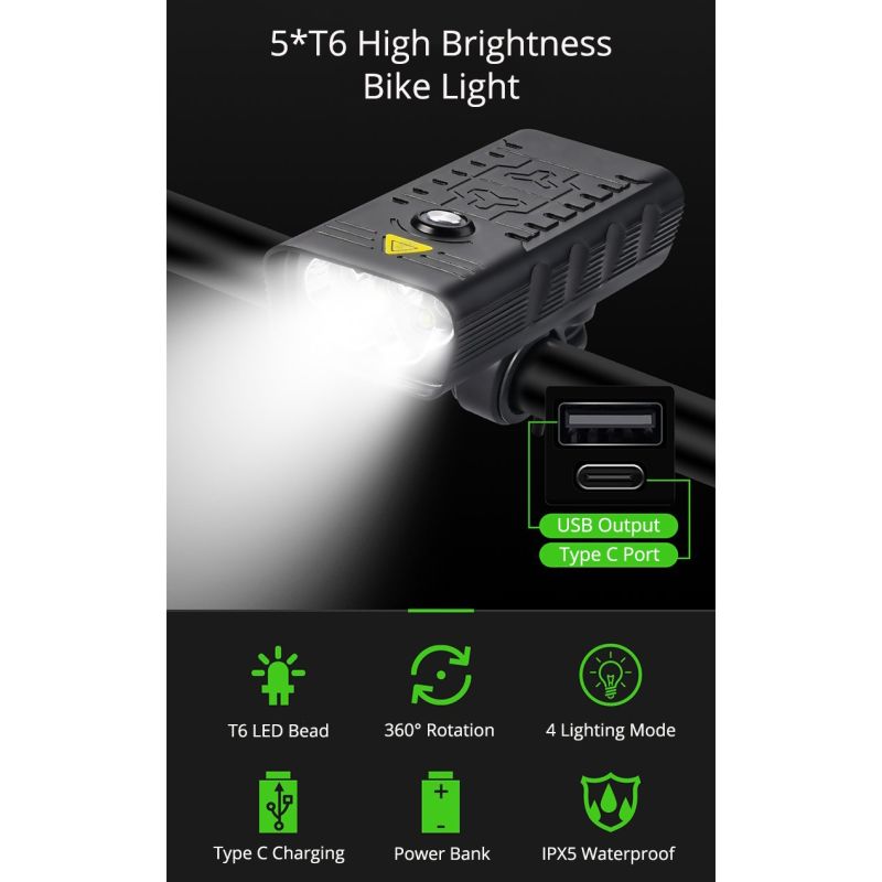 Oppdag TK5 Sykkelfrontlys med 5x T6 LED pærer 5000 lumen USB oppladbart sykkelutstyr for nattsykling