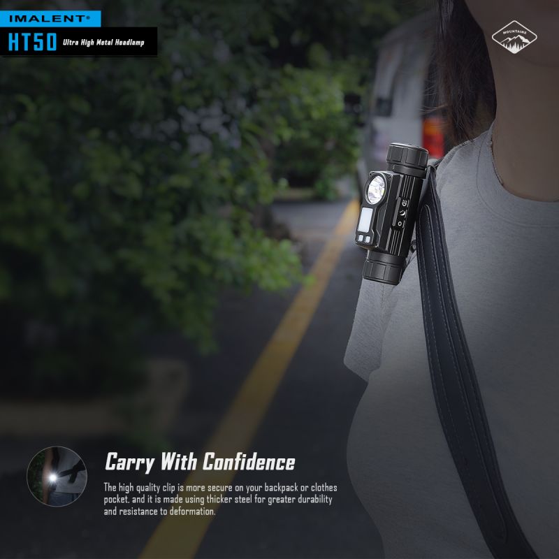 IMALENT HT50 LED-hodelykt med to lyskilder og 3000 lumen kraftig og vanntett for utendørs eventyr