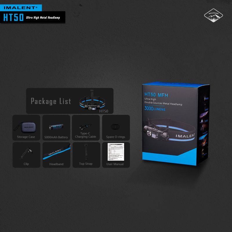 IMALENT HT50 LED-hodelykt med to lyskilder og 3000 lumen kraftig og vanntett for utendørs eventyr