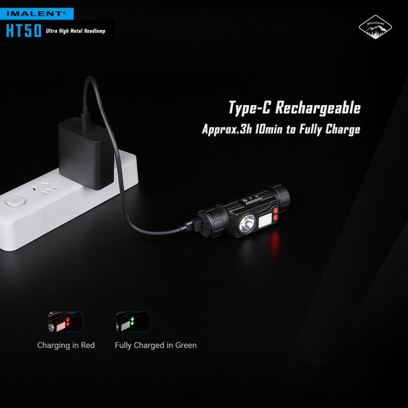 IMALENT HT50 LED-hodelykt med to lyskilder og 3000 lumen kraftig og vanntett for utendørs eventyr