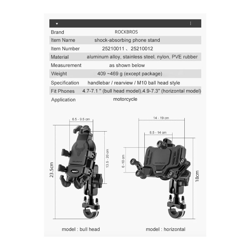ROCKBROS Telefonholder for Motorsykkel Justerbar og Roterbar Sklisikker Sykkeltelefonholder i Aluminium