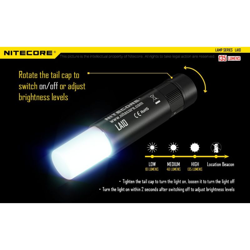 Nitecore LA10 mini EDC 135 lumen camping lommelykt med Nichia XP-G2 S3 LED og praktisk vridestrøm-design