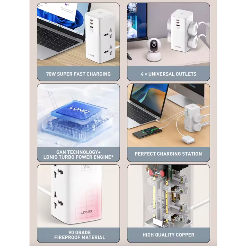 LDNIO Kubisk Tårn strømskinne 70W Ladestasjon med Universaladapter | Multi-uttak & Linjefilter for Hjem/Kontor